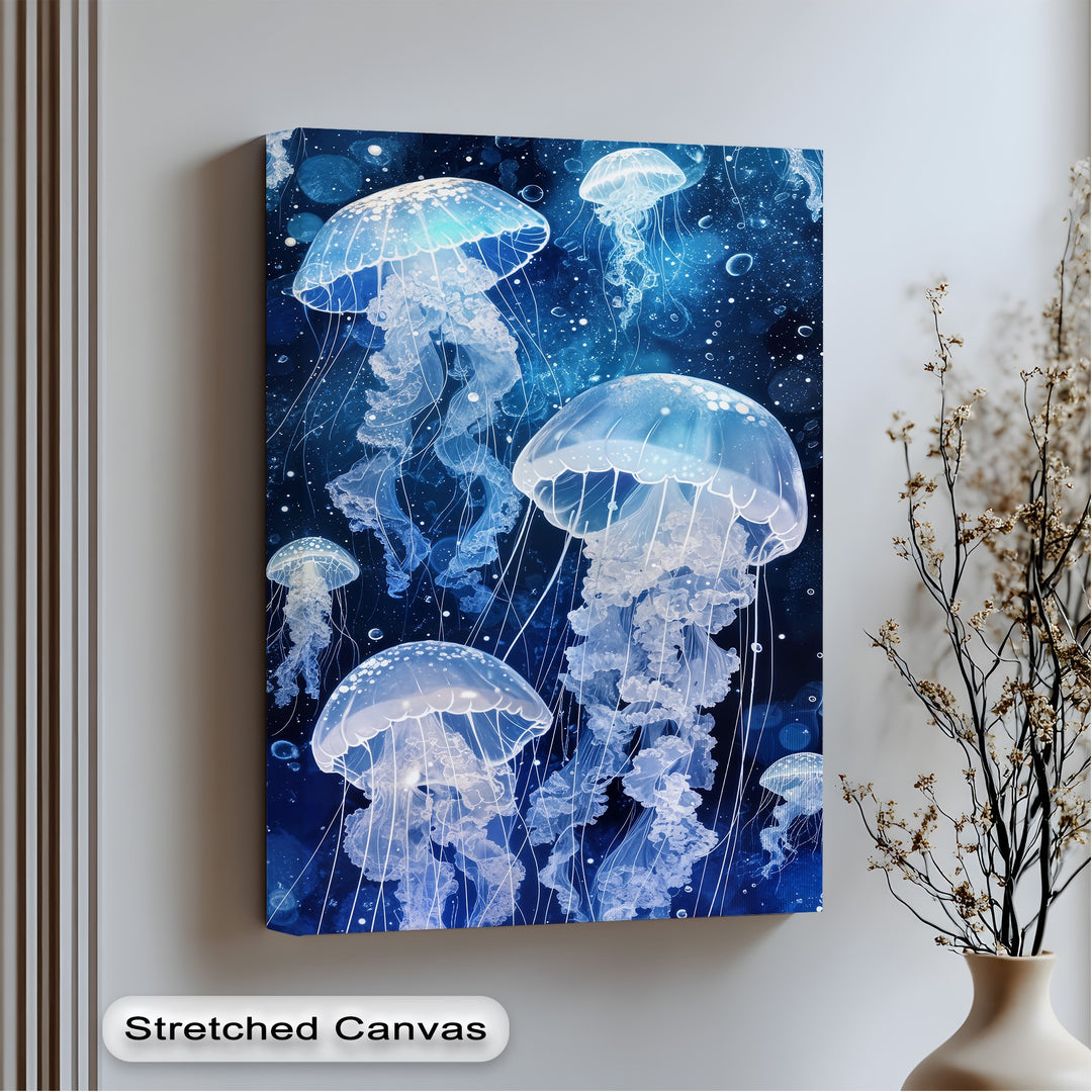 The darkest area, a deep midnight blue, beautifully enhances the luminous jellyfish on this blue ocean hanging canvas art.