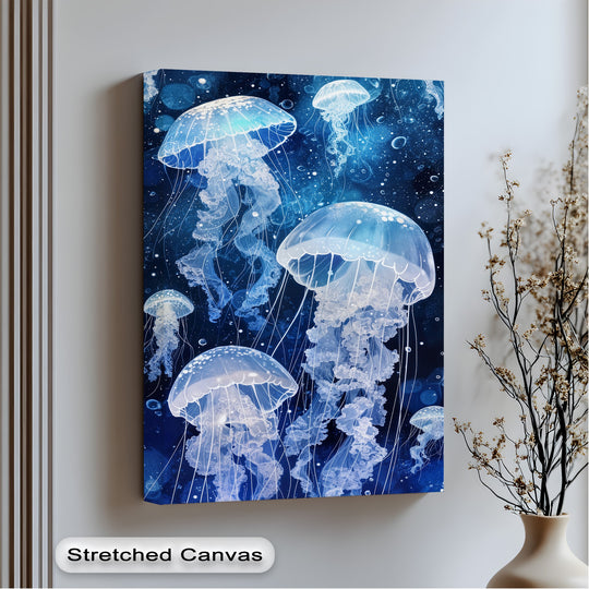 The darkest area, a deep midnight blue, beautifully enhances the luminous jellyfish on this blue ocean hanging canvas art.