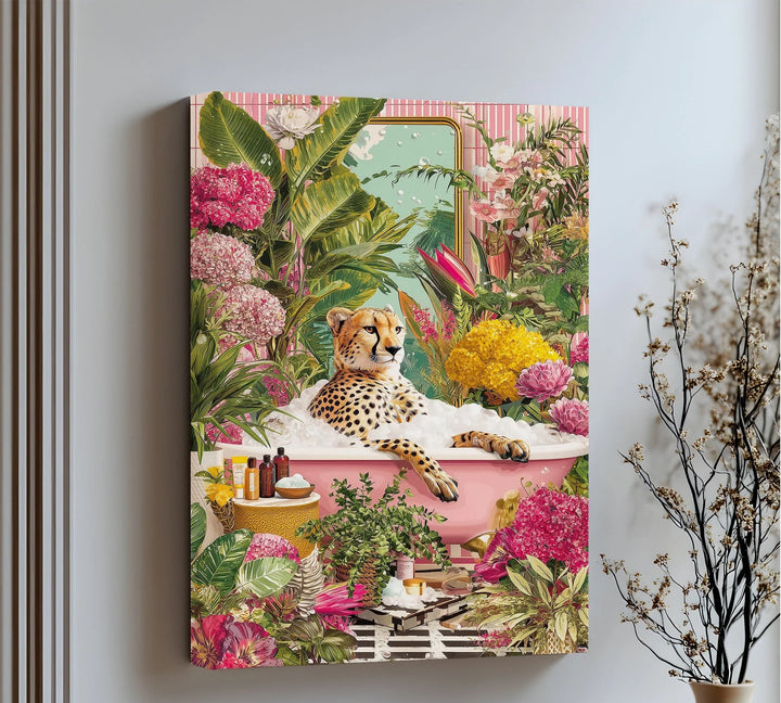 Cheetah in Pink Bathtub – Whimsical Jungle-Inspired Canvas Print - MyPhotoStation