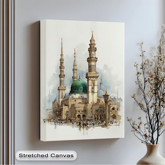 Canvas wall art of Al-Masjid an-Nabawi Medina a sacred building artwork and Islamic wall art ideal for prayer room featuring green dome