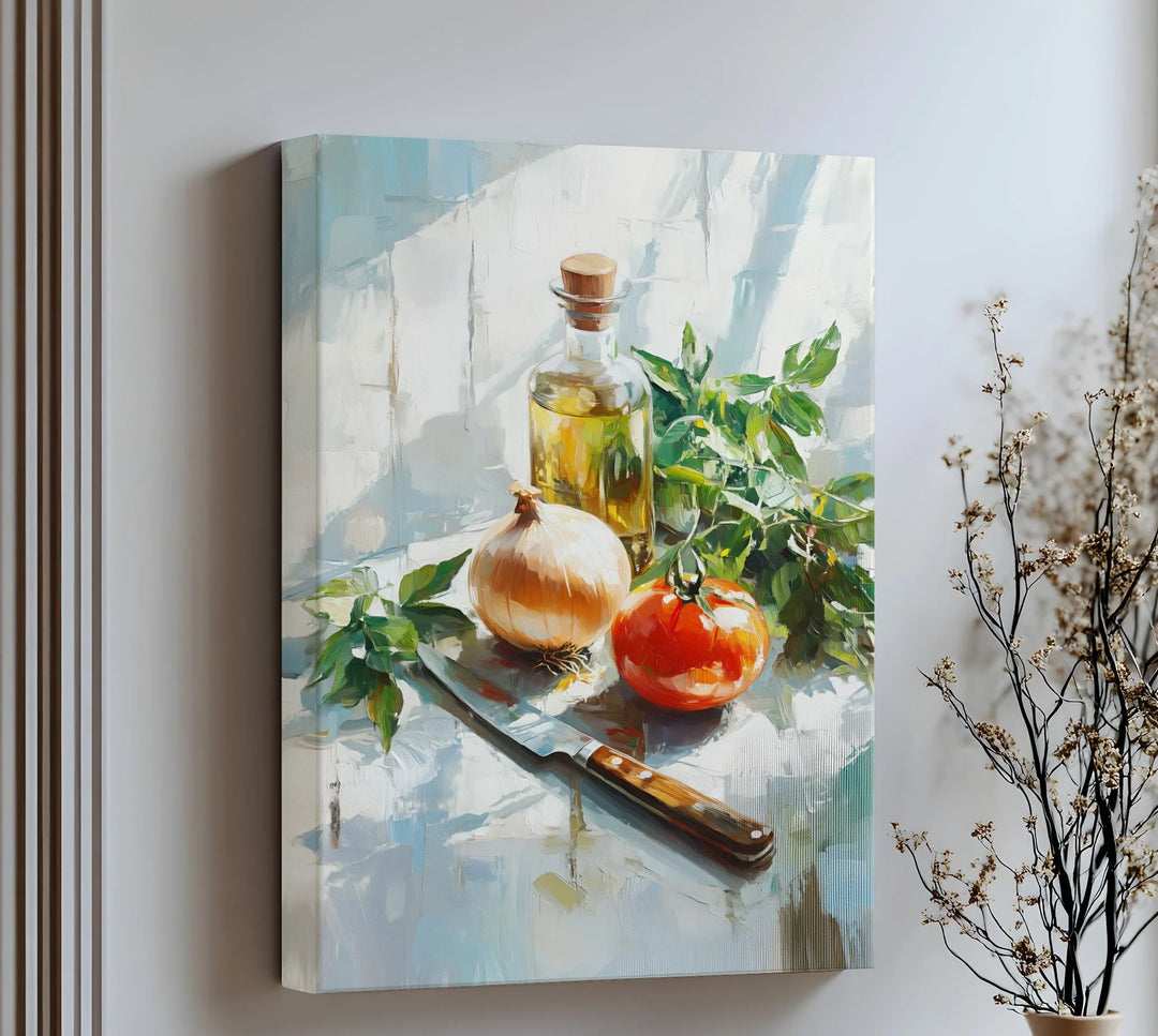 Rustic Kitchen Essentials – Tomato, Onion & Olive Oil Still Life Canvas Print - MyPhotoStation