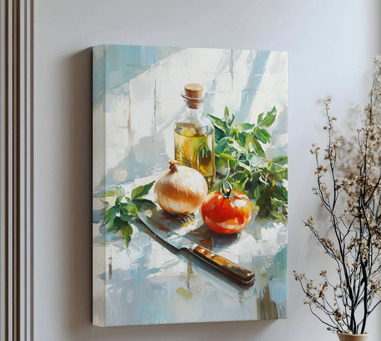 Cool color temperature highlights this rustic kitchen essentials canvas pictures print featuring a tomato, onion, olive oil, and botanical herbs.