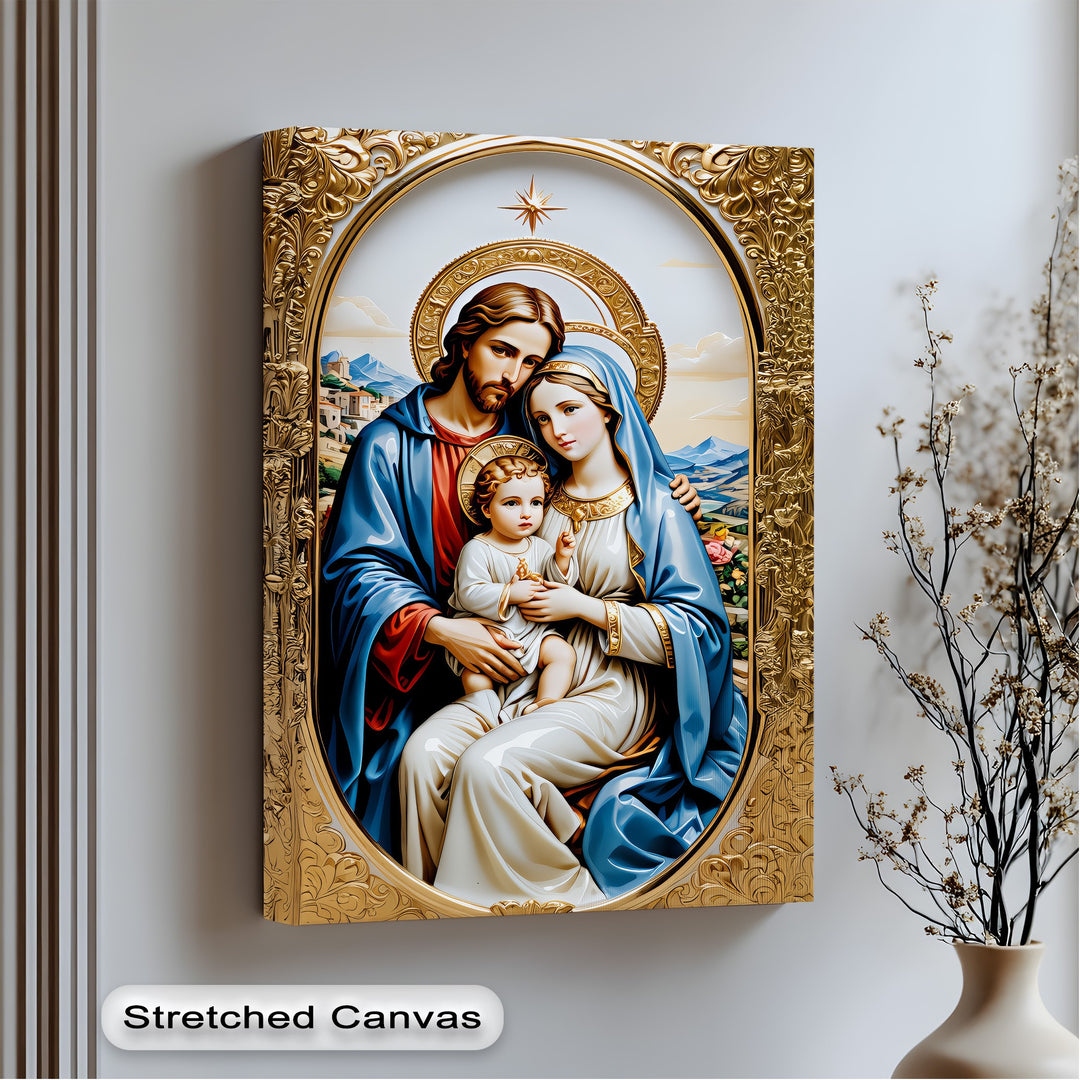 The brightest area within the ornate gold frame showcases the Holy Family canvas wall decor, a serene Christian religious art piece.