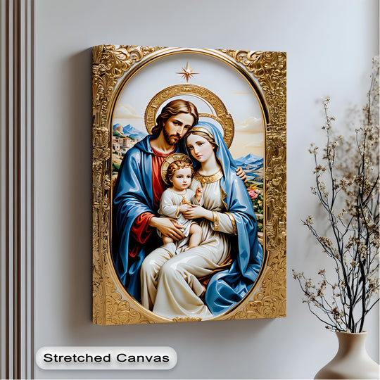 The brightest area within the ornate gold frame showcases the Holy Family canvas wall decor, a serene Christian religious art piece.