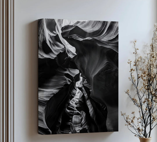 Featuring a matte finish, this abstract 'Eternal Depths' black canyon canvas art piece showcases exquisite details within the dramatic, gallery-worthy canvas art print.