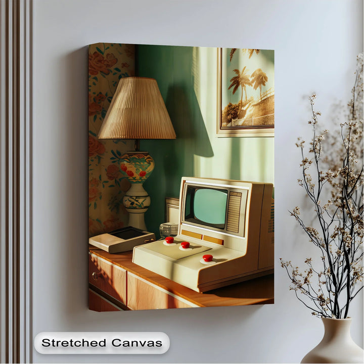 Vintage Computer with Lamp – Retro Style Canvas Print