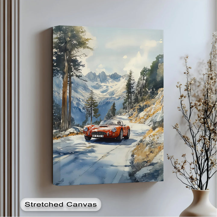 Crimson Speed – Classic Red Sports Car in Mountain Pass Canvas Print - MyPhotoStation