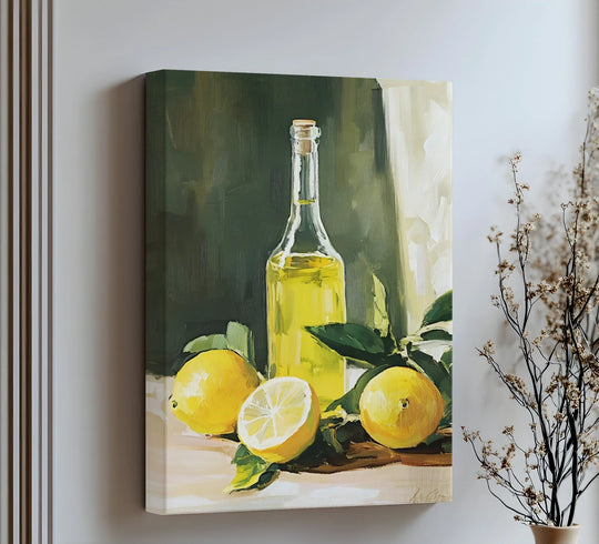 Visible brushstrokes create a tactile surface texture on this Mediterranean Essence framed canvas print featuring lemons and olive oil.