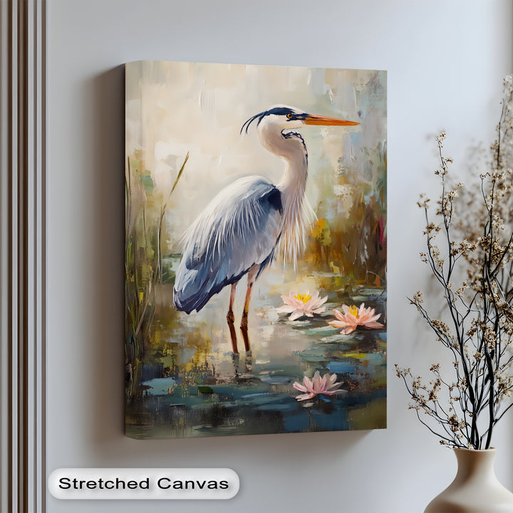 Graceful Heron Among Lilies – Serene Wildlife Canvas Print
