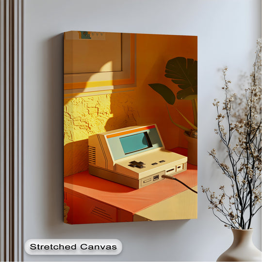 Glowing in the warmth of a sunlit room, the pixel nostalgia canvas pictures showcase a retro gaming console in this minimalist canvas print.