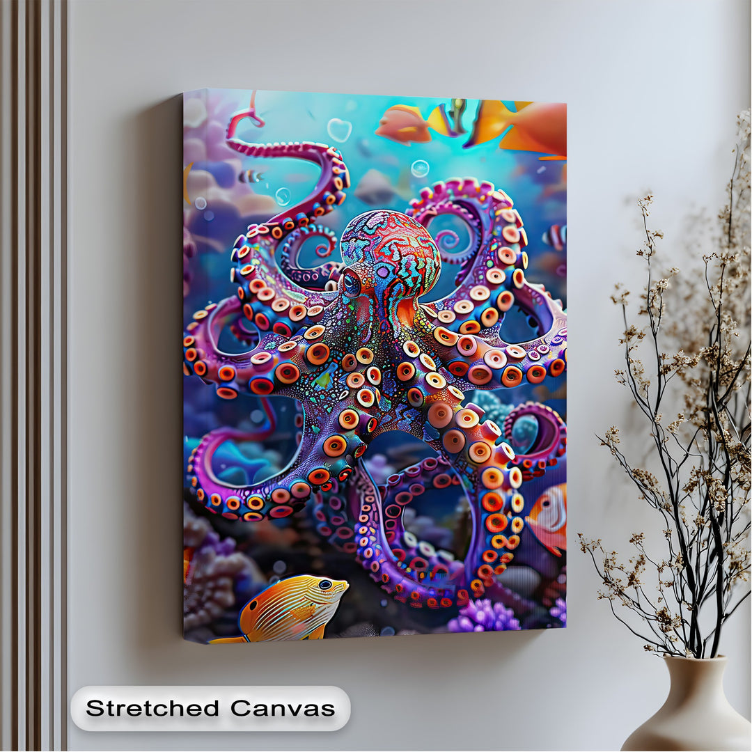 The luminous upper ocean scene and the dazzling, patterned octopus create the brightest areas on this vibrant hanging canvas.