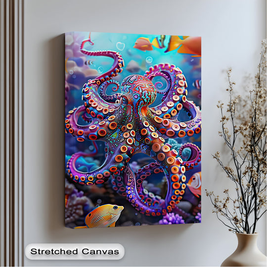 The luminous upper ocean scene and the dazzling, patterned octopus create the brightest areas on this vibrant hanging canvas.