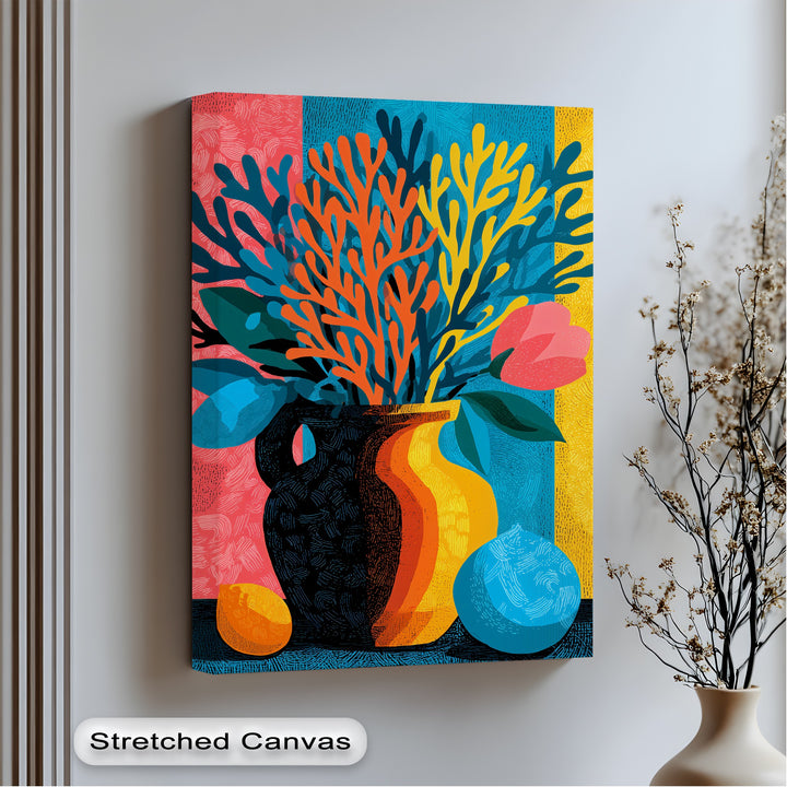 Gentle pink highlights on the abstract floral bloom stand out amidst the bold colors of this big canvas prints wall art, a modern botanical scene.