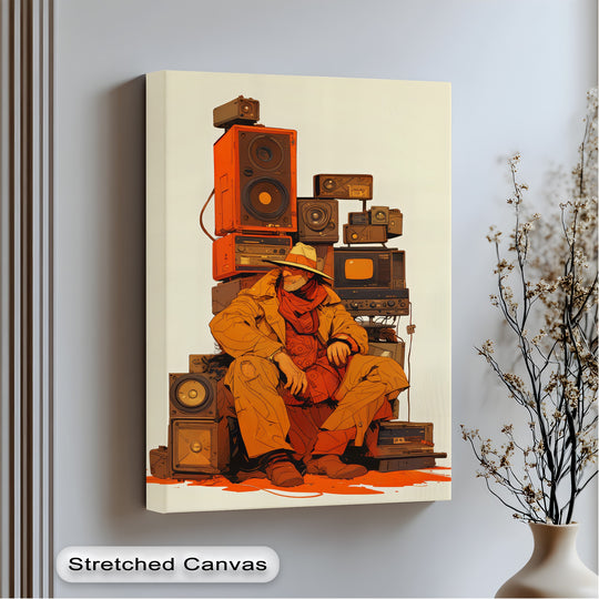 High color saturation defines this retro canvas print, presenting a cowboy amidst vintage speakers, offering a truly unique canvas print for eclectic spaces.
