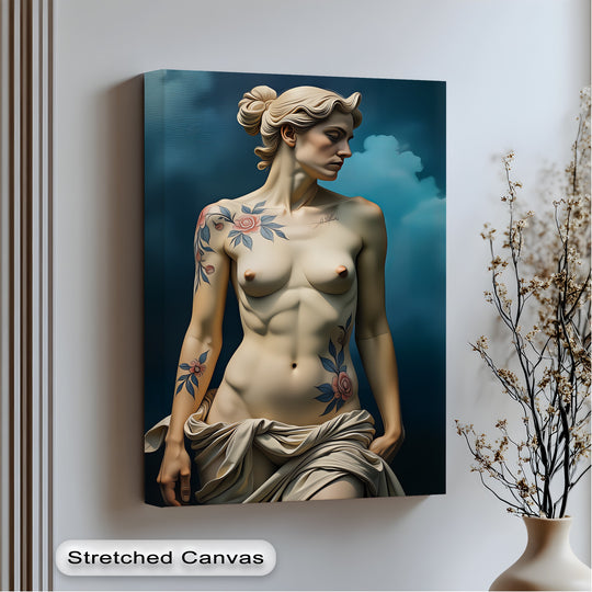 Serene mood emanates from the 'Floral Reverie' canvas art featuring a tattooed nude figure draped in fabric, a striking piece of large framed wall art.