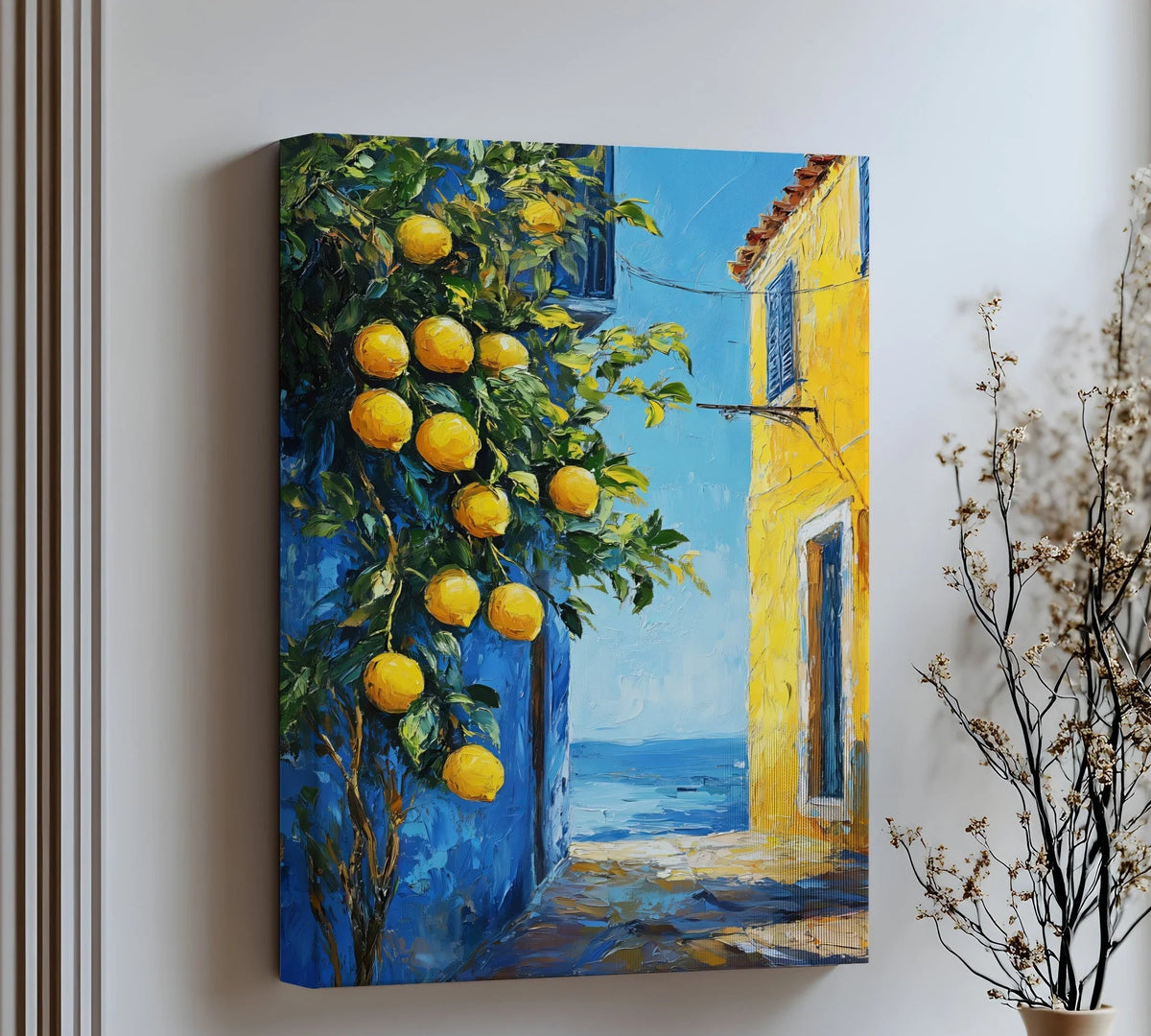 Geometric composition featuring a Mediterranean alley coastal kitchen canvas print with sharp building angles and round lemons, showcasing vibrant canvas wall decor.