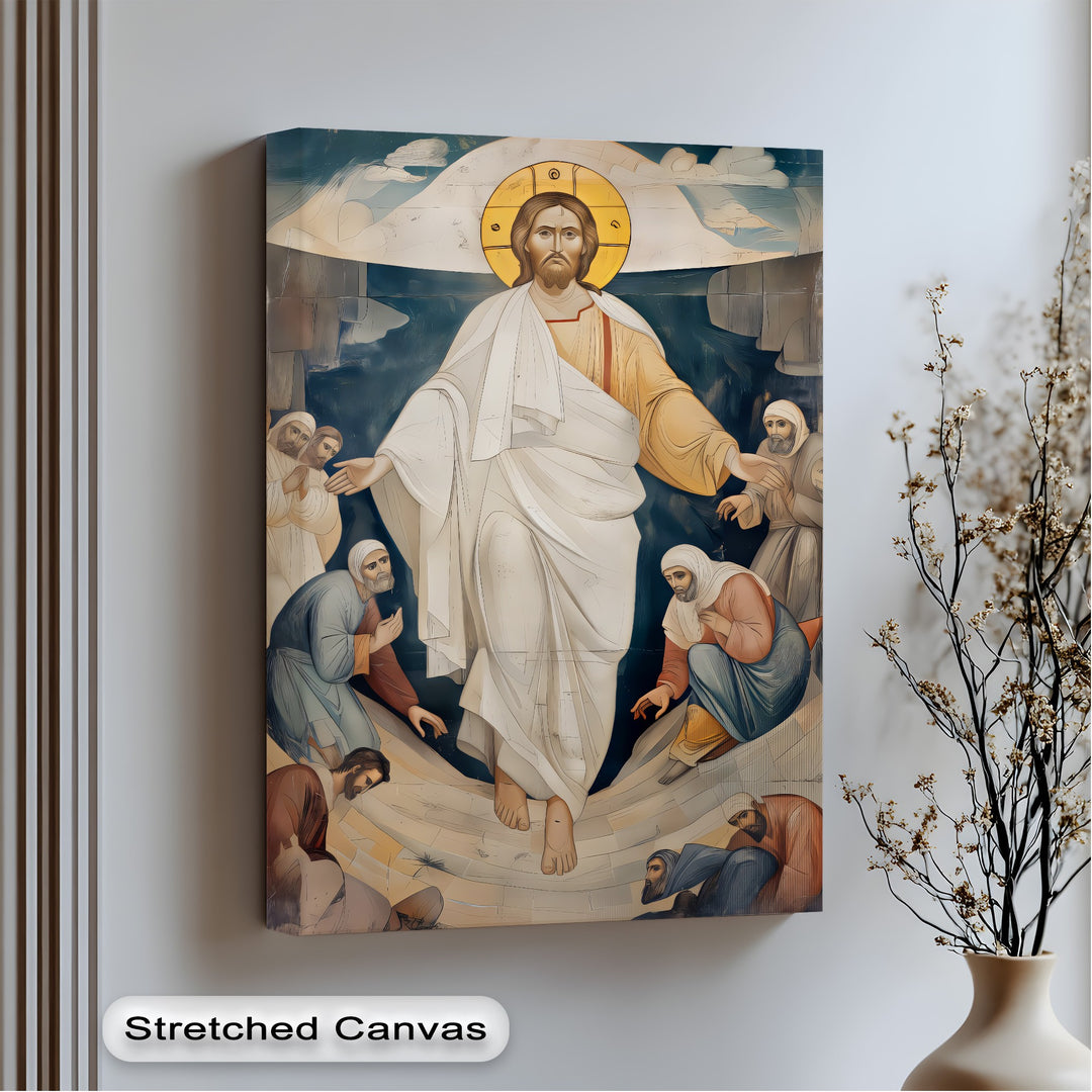 This Christian Religious Wall Art, a Resurrection of Christ canvas wall decor, blends warm golden tones with cool, deep blues.