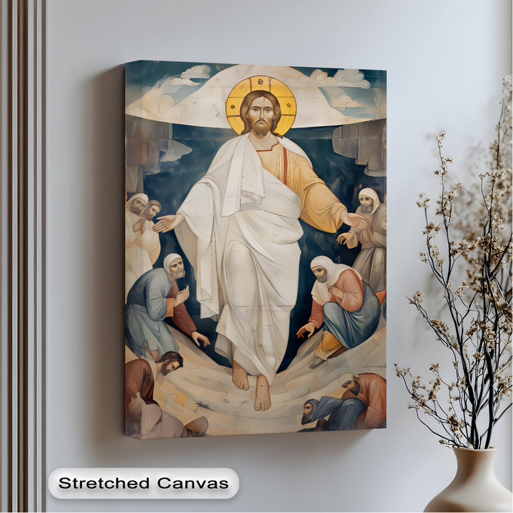 This Christian Religious Wall Art, a Resurrection of Christ canvas wall decor, blends warm golden tones with cool, deep blues.