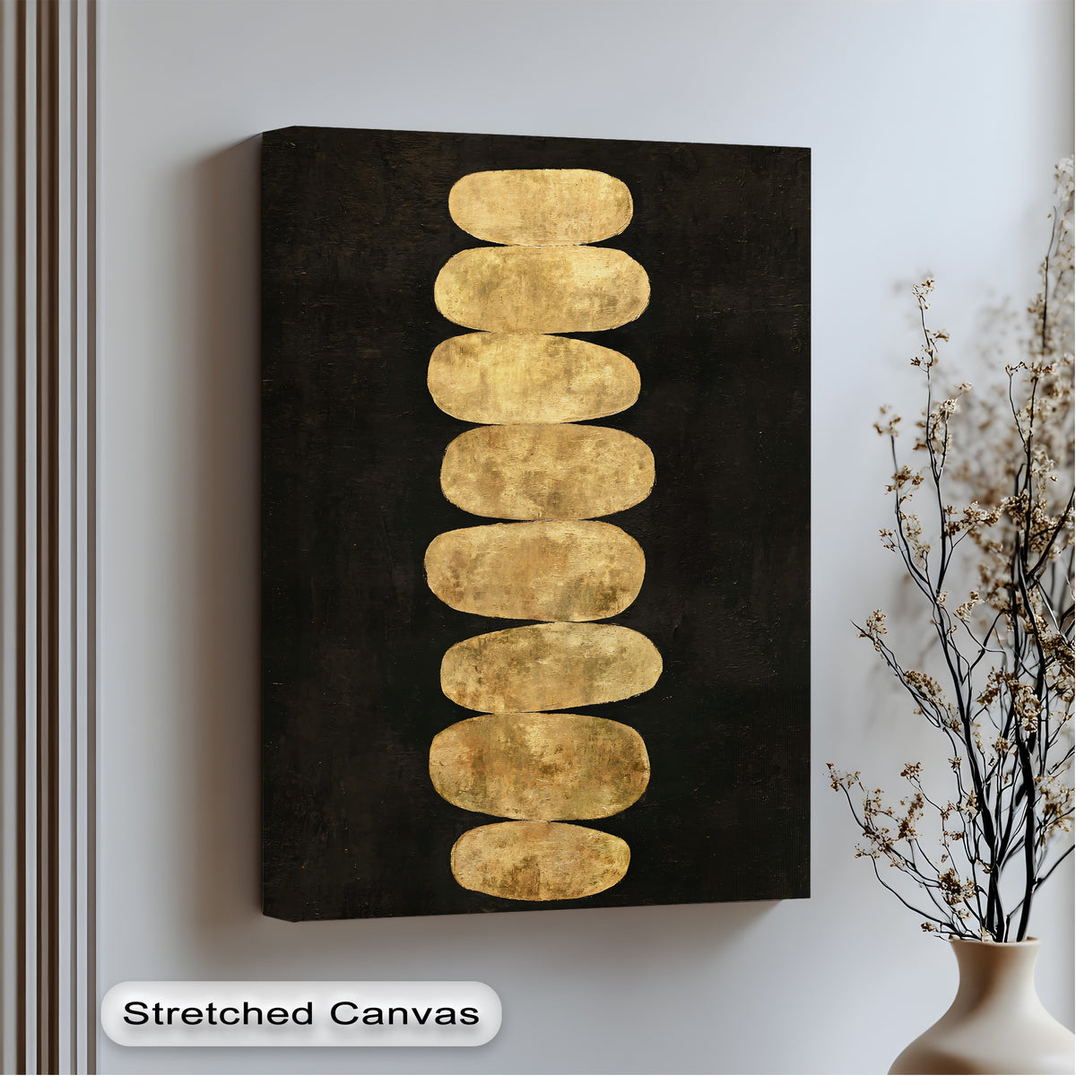 Brightest area highlights the golden balance stones in this premium canvas decor featuring a minimalist Zen design canvas print.