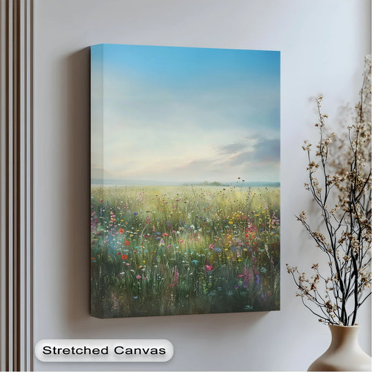 Gentle breezes seem to animate the wildflowers in this blooming meadow landscape canvas print, creating a dynamic feel for stunning canvas wall decor.