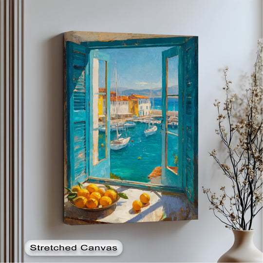 mediterranean harbor window canvas
