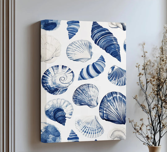 Striking color contrast defines this Indigo Seashell Study canvas wall art, where deep blues accent the delicate seashell forms on the nautical print.