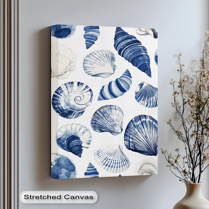 Ocean-inspired elegance meets simplicity in this striking canvas print of blue seashells.


