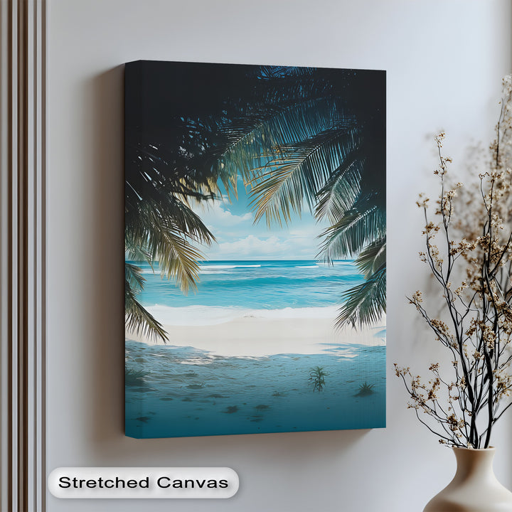A peaceful ocean view framed by palm trees, printed as a stunning canvas wall art piece.

