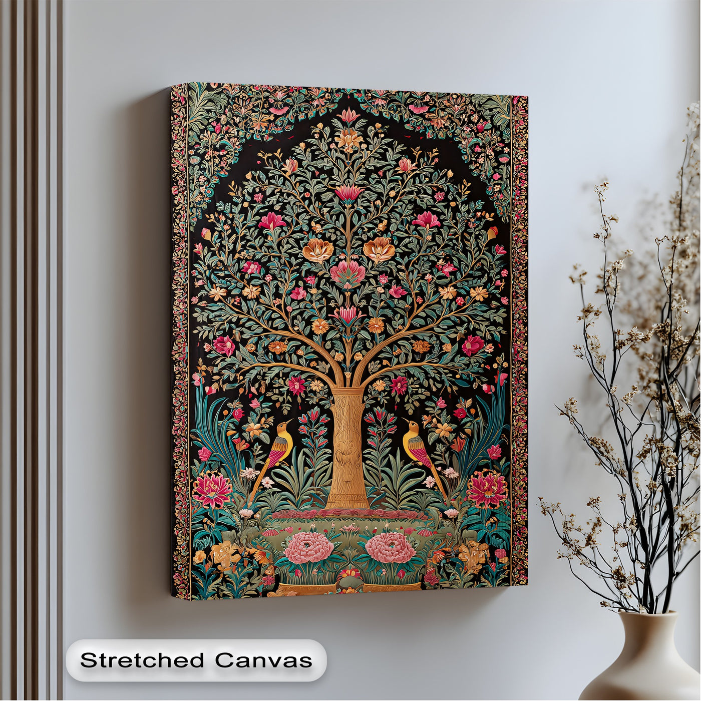 Softly colored pink blooms dominate the vibrant Persian Tree of Life in this high quality canvas prints wall art, illustrating an eternal blossom.