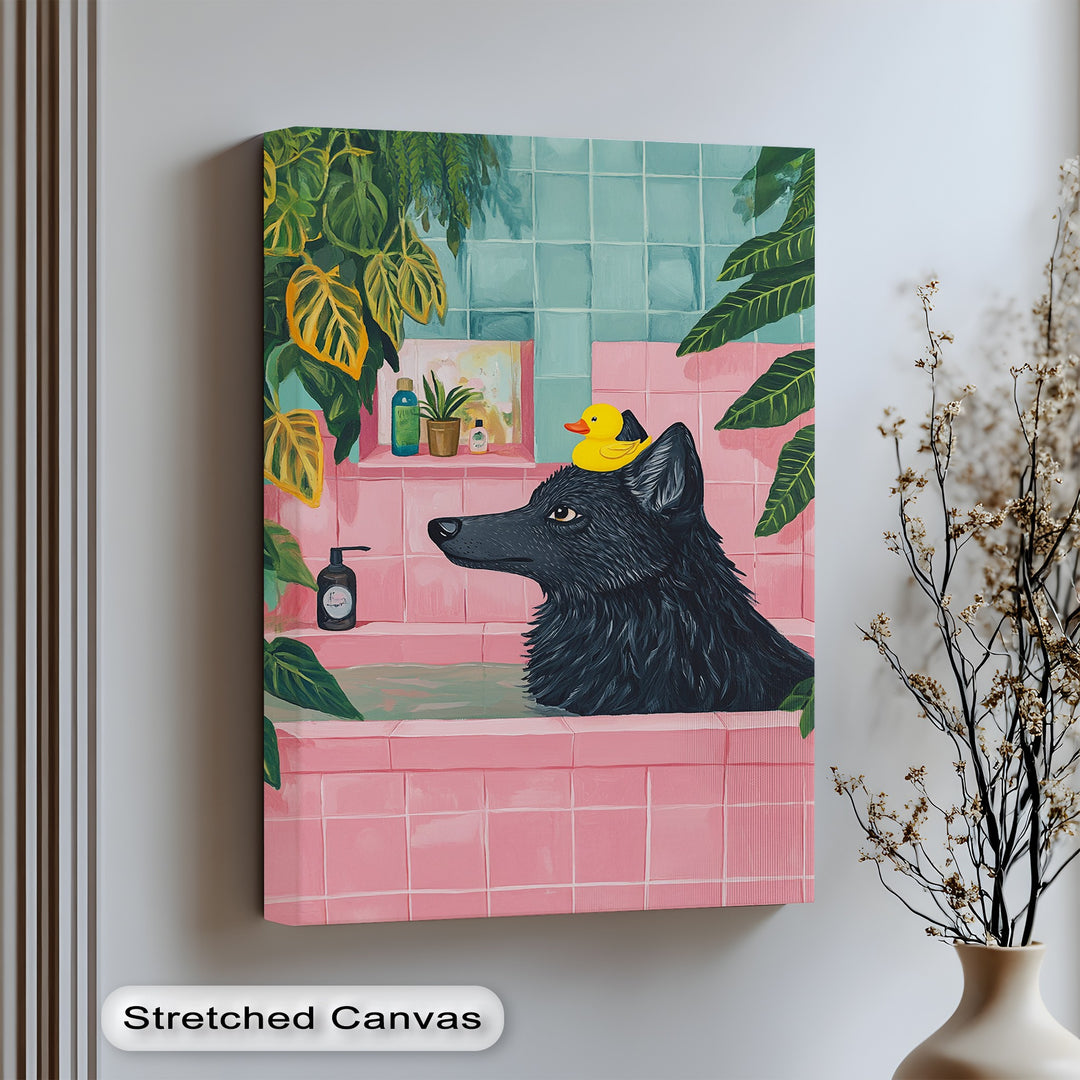 This vibrant wolf-in-the-bathtub canvas print adds a bold, humorous touch to bathroom walls—perfect for playful decor lovers and animal art enthusiasts.

