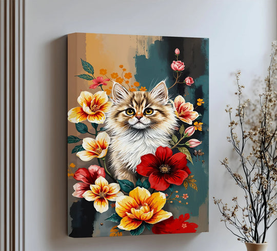 Showcasing the abstract quality, a fluffy kitten surrounded by fiery florals in the Golden Bloom Gaze cat canvas print offers striking imagery for big canvas prints.