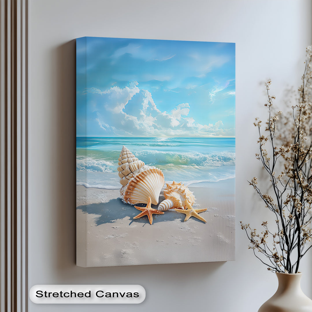 Capture coastal serenity with this calming canvas wall art of seashells and gentle surf.


