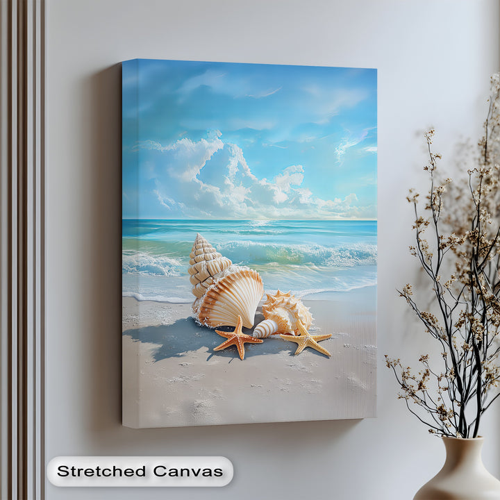 Capture coastal serenity with this calming canvas wall art of seashells and gentle surf.

