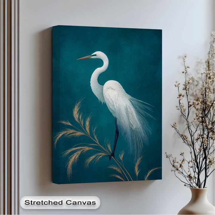 High color saturation emphasizes the teal background and crisp white heron within this elegant canvas artwork print, a minimalist bird wall art piece.