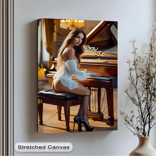 Gentle light highlights the sheer fabric of the figure's attire in this elegant piano artwork canvas wall art print.
