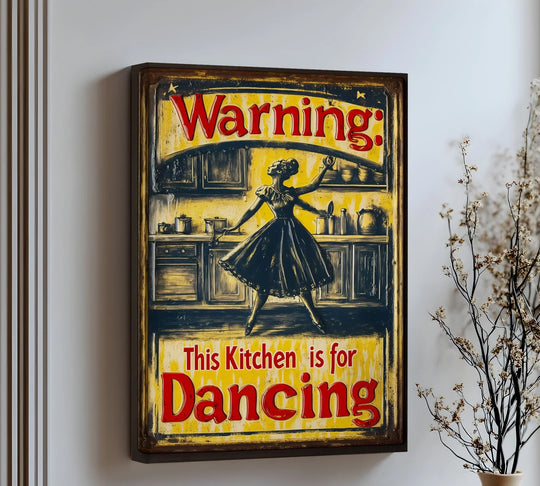 Brightest part of the kitchen canvas art print highlights the vintage-style yellow background of 'This Kitchen is for Dancing'.