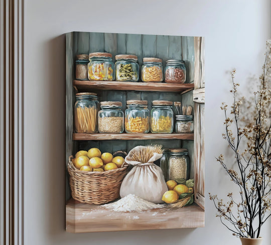 Negative space surrounds the canvas art print depicting a rustic pantry shelf stocked with pasta, lemons, and flour in a Mediterranean kitchen setting.
