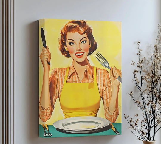 Featuring the geometric elements, the vintage 'Hungry & Happy' retro kitchen lady canvas artwork presents sharp lines and shapes with yellow hues on a yellow canvas background.