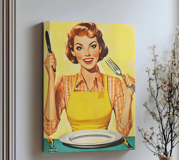 Hungry & Happy – Retro Kitchen Lady Canvas Print - MyPhotoStation