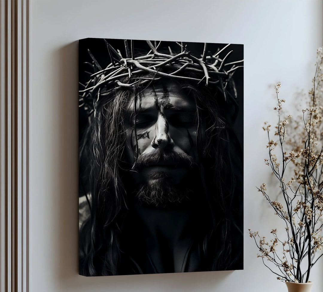 Embrace solemn beauty with this intense canvas wall art of Christ crowned in thorns.

