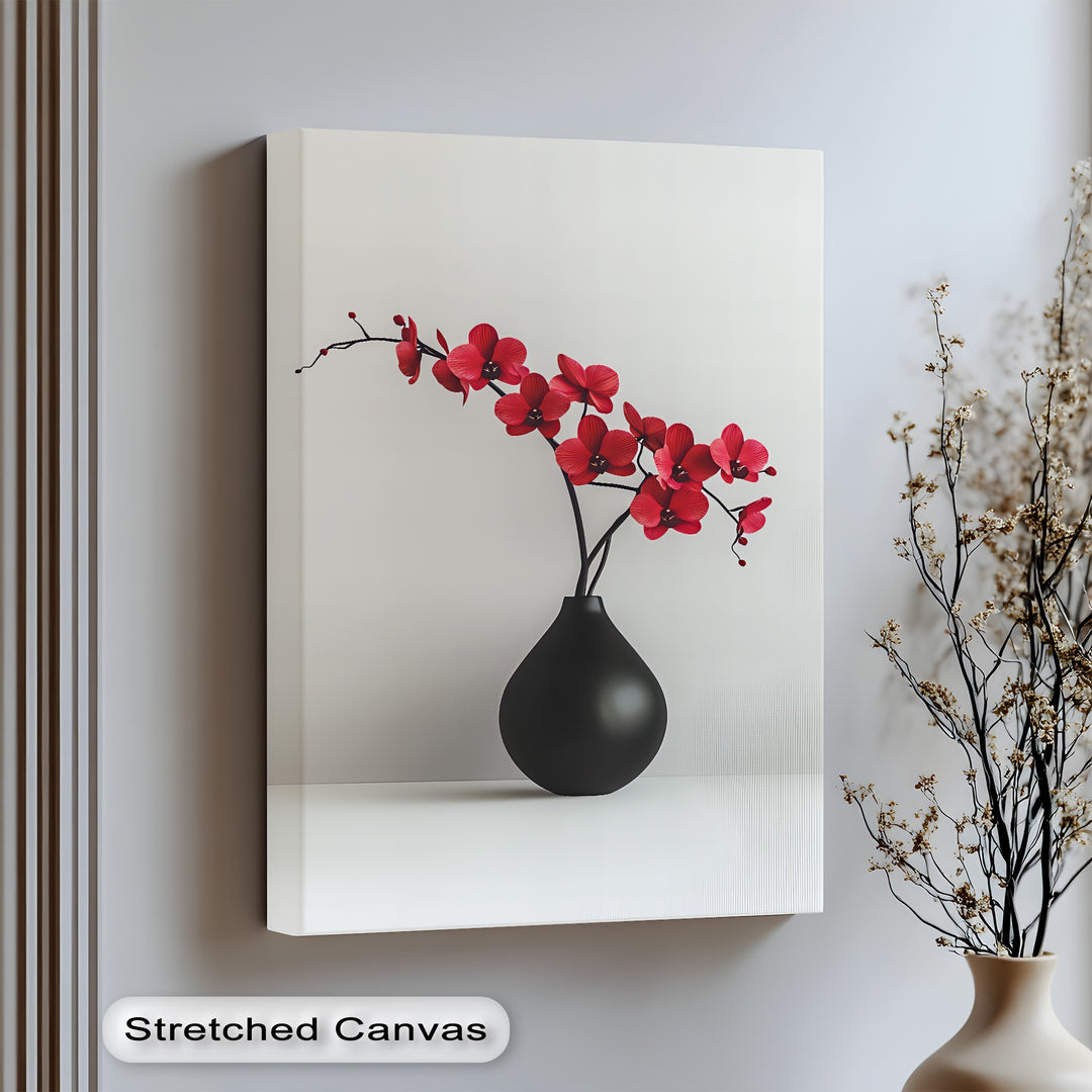 Crimson Elegance – minimal red orchid canvas print in black vase

