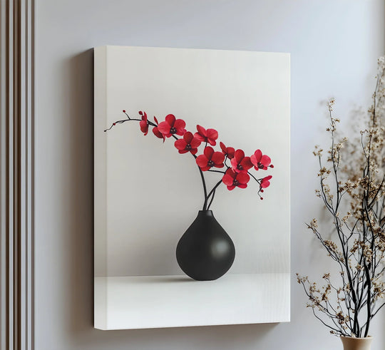 Crimson Elegance – minimal red orchid canvas print in black vase

