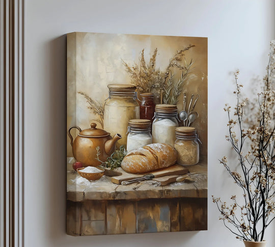 Warm color temperature highlights the rustic charm of this farmhouse kitchen canvas print, presenting high quality canvas prints of bread, jars, and a copper teapot.