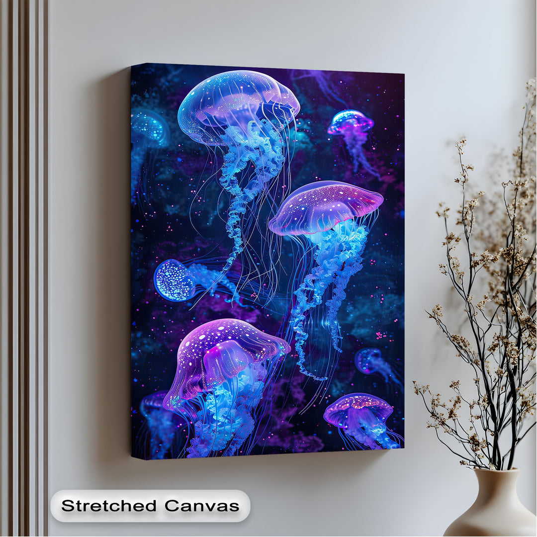 The dark, scattered, glowing negative space of this big canvas prints ocean art highlights the vibrant, luminous neon jellyfish wall art.