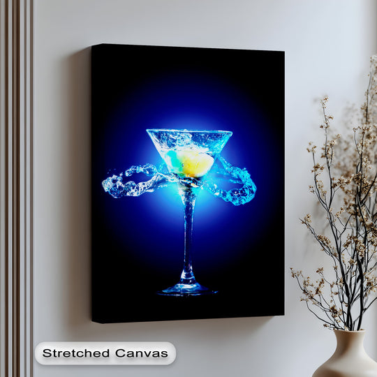 A beautiful layering effect is created by this vibrant blue martini cocktail best canvas prints, presented with surrounding room decor elements.