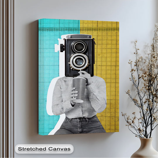Light and shadow play across the Focus Pop retro camera head surrealist canvas print, highlighting the details of the framed canvas and the vibrant color-blocked background.