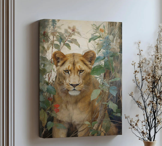Intertwined leaves and blossoms frame the lioness in this big canvas prints artwork, accentuating the organic forms of the wild foliage and regal feline.