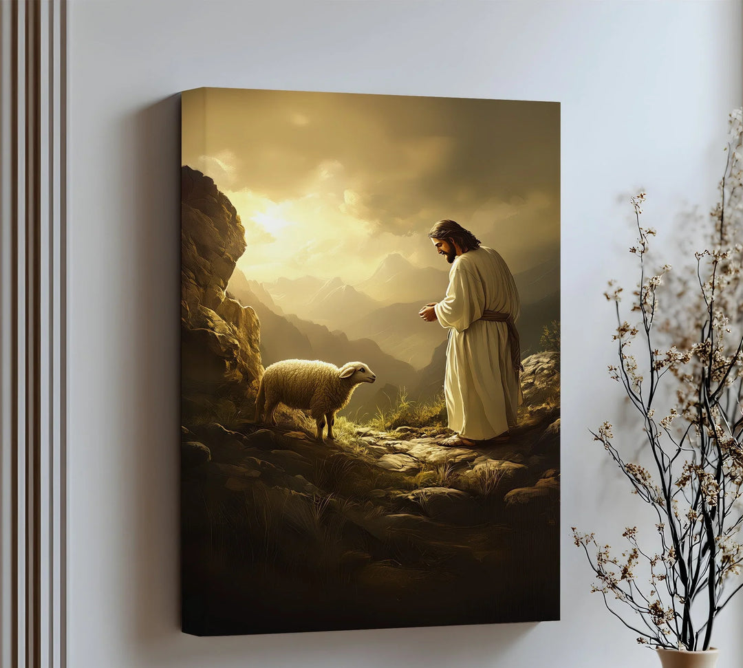 Experience divine compassion in this glowing canvas wall art of Jesus with a lost sheep.

