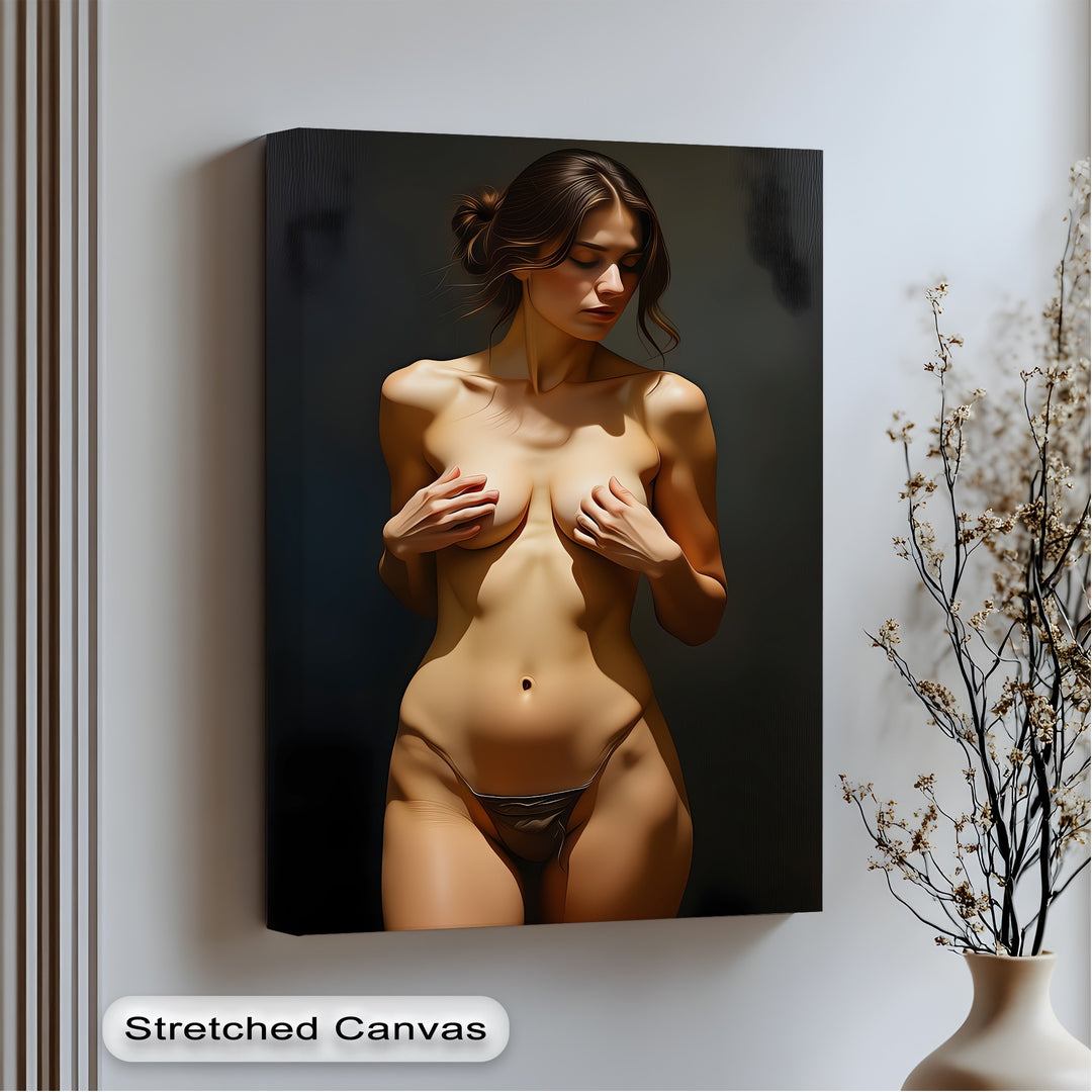 golden allure nude canvas wall art with soft shadows and warm tones
