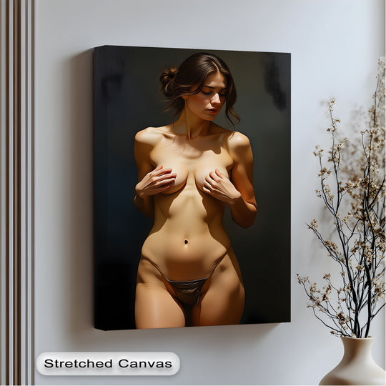 Contrasting with the hanging canvas is a dark, textured backdrop that accentuates the nude figure in the Golden Allure wall art.